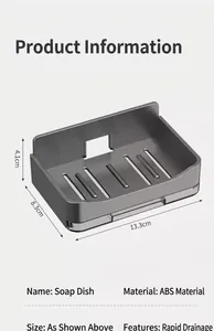 Detail showing measurements of the wall-mounted gray plastic draining soap dish.