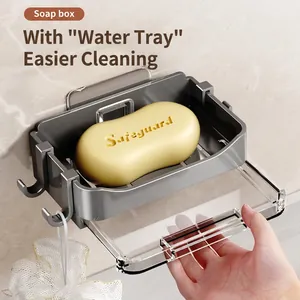 Modern Wall Mounted Aluminum Alloy Soap Holder For Bathroom Punch Free Drainage Soap Dish Rack Storage Organizer With Hooks