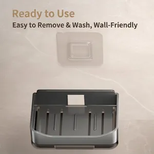 Minimalist wall-mounted soap dish with drain holes and adhesive hook for bathroom