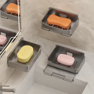 Wall-mounted grey soap dish set with drainage tray for modern bathroom organization
