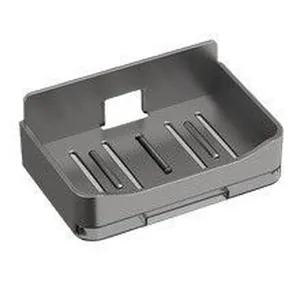 Wall-mounted grey soap dish with drainage holes for bathroom storage and organization