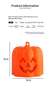 Detailed view of 6cm Halloween pumpkin LED lantern with material and size specifications.