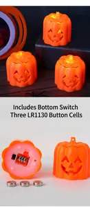 Detailed view of Halloween pumpkin LED tea light showing its battery compartment