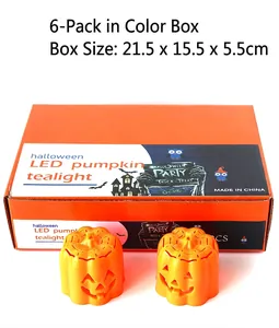 Detail of Halloween pumpkin LED tealights showing the orange box and two candles