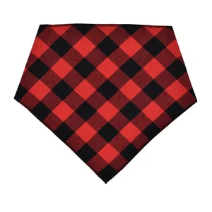 Detail view of the red and black buffalo plaid pet bandana triangle scarf for dogs