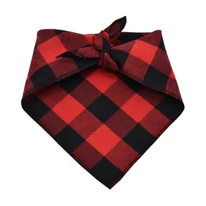 Close-up of classic red and black buffalo plaid pet bandana scarf for dogs and cats