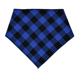 Close-up view of a classic blue and black buffalo plaid flannel pet triangle bandana