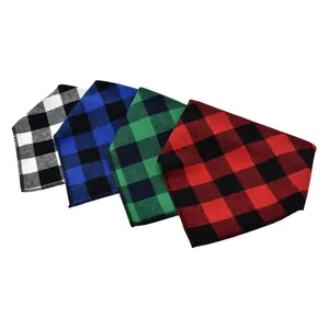 Detail view of soft classic plaid pet triangle bandanas in red, blue, green, and white.
