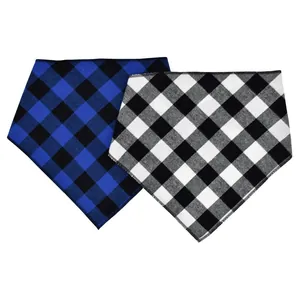 Detailed view of classic blue and black buffalo plaid triangle pet bandanas for dogs