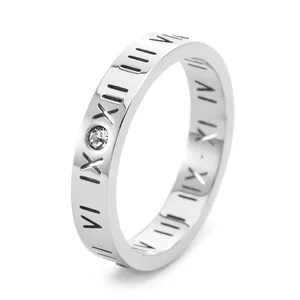 Gros plan d'une bague en acier titane avec chiffres romains et pierre incrustée.