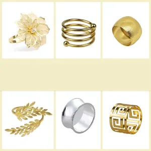 Luxury Metal Napkin Rings Gold Silver Hollow Out Flower Geometric Crown Napkin Holders For Wedding Banquet Table Decoration