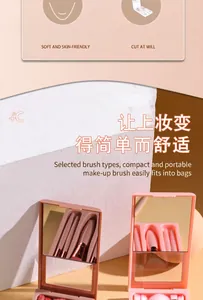 Detail view of portable 5-piece makeup brush set in a pink mirror compact case
