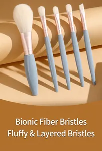 High-quality close-up of bionic fiber makeup brush bristles and blue-grey handles