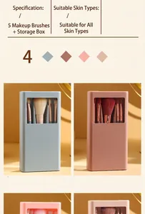 Close-up view of 5-piece portable mini makeup brush set in four different color options