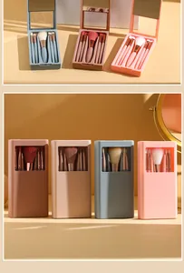 Professional portable 5-piece makeup brush set in mirror case with transparent viewing window
