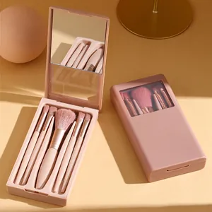 Portable Makeup Brush Set With Mirrored Case Synthetic Fiber Bristles Mini Travel Cosmetic Brush Kit For Powder Eyeshadow Blending