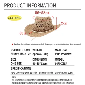 Specifiche dettagliate sulle dimensioni di un cappello di paglia estivo intrecciato