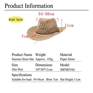Specifiche dettagliate del cappello di paglia da cowboy per bambini, misura di 54-56 cm.