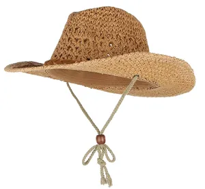 Vista dettagliata di un cappello di paglia da cowboy intrecciato a mano con sottogola regolabile