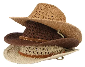 Vista dettagliata di cappelli da cowboy in paglia intrecciata in cachi, marrone e beige