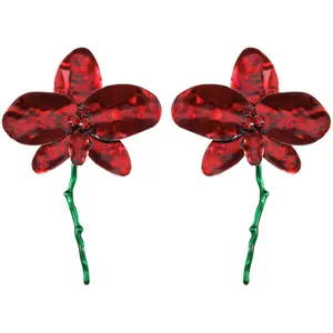 Elegant 3D red flower drop earrings with long green stem and sparkling red rhinestones