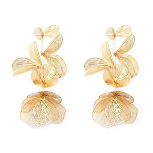 Exquisite gold hollow floral long drop earrings with a 3D layered petal wire design