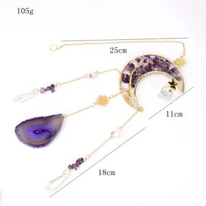 Handmade golden moon suncatcher with purple agate slice and crystal prisms for window decor