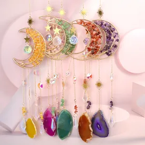 Bohemian Moon Life Tree Agate Slice Suncatcher Hanging Crystal Rainbow Maker Ornament For Window Home Garden Wall Decor