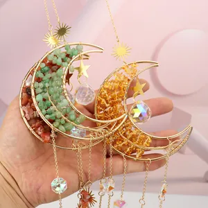 Golden crescent moon suncatcher with crystal prisms and colorful crushed stone decoration