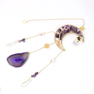 Golden moon suncatcher with amethyst chips and purple agate slice window decoration