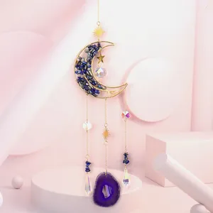 Detailed view of moon suncatcher with purple agate slice and crystal hanging decor