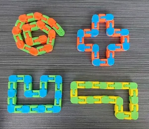 Detailed view of 24-section colorful link chain fidget toy in various creative shapes