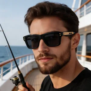 Fashionable men's square polarized sunglasses with gold temple details