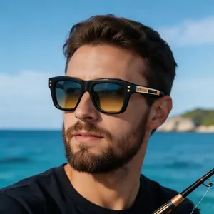 Close-up view of men's square polarized sunglasses with blue-yellow gradient lenses.