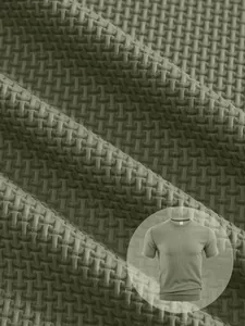 Macro view of olive green honeycomb knit fabric for men's breathable sports T-shirt.