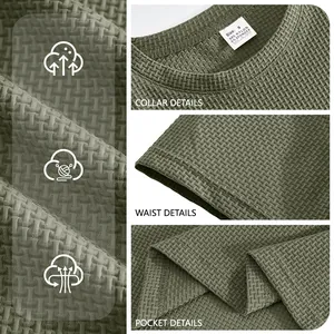 Men's breathable waffle texture short sleeve T-shirt details showing collar and pocket