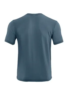 Back view detail of a breathable men's blue sports T-shirt with waffle mesh texture.