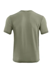 Back view of breathable olive green men's sports t-shirt with textured mesh fabric