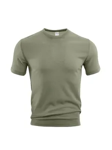 Detailed view of olive green breathable mesh men's athletic T-shirt fabric texture