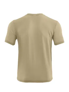 Back view detail of men's breathable khaki T-shirt with textured waffle knit fabric