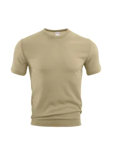 Close-up view of khaki breathable waffle-textured men's sports short sleeve T-shirt