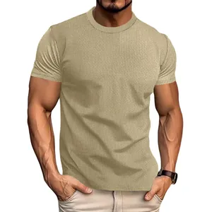Men's khaki waffle knit slim fit short sleeve t-shirt for sports and casual wear