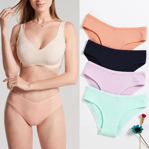 Women Ribbed Cotton Panties Low Waist Breathable Soft Comfortable Triangle Briefs Solid Color Underwear