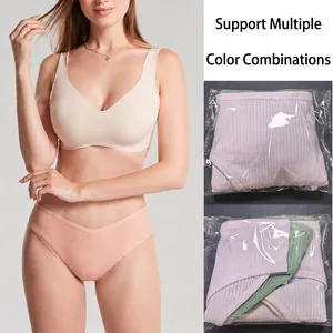 Comfortable women's cotton ribbed panties set with low waist and breathable fabric