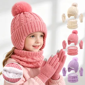 Kids Knit Earflap Hat Scarf And Touchscreen Gloves Acrylic Warm Fleece Lined Winter Outdoor Cute Pom Pom For Boys Girls