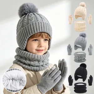 Children's 3-piece cable knit hat scarf and gloves set with warm faux fur pom and fleece lining