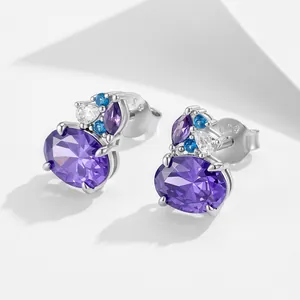 Luxury S925 sterling silver stud earrings featuring oval purple zircon and colorful gems