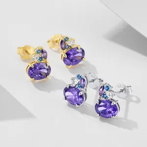 Elegant S925 sterling silver oval purple zircon stud earrings with marquise accents