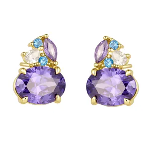 S925 sterling silver earrings with purple and blue gemstones in oval and marquise shapes