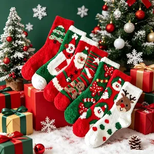 Christmas Socks Women Coral Fleece Thickened Warm Winter Home Fuzzy Sleeping Socks Santa Snowman Reindeer Pattern